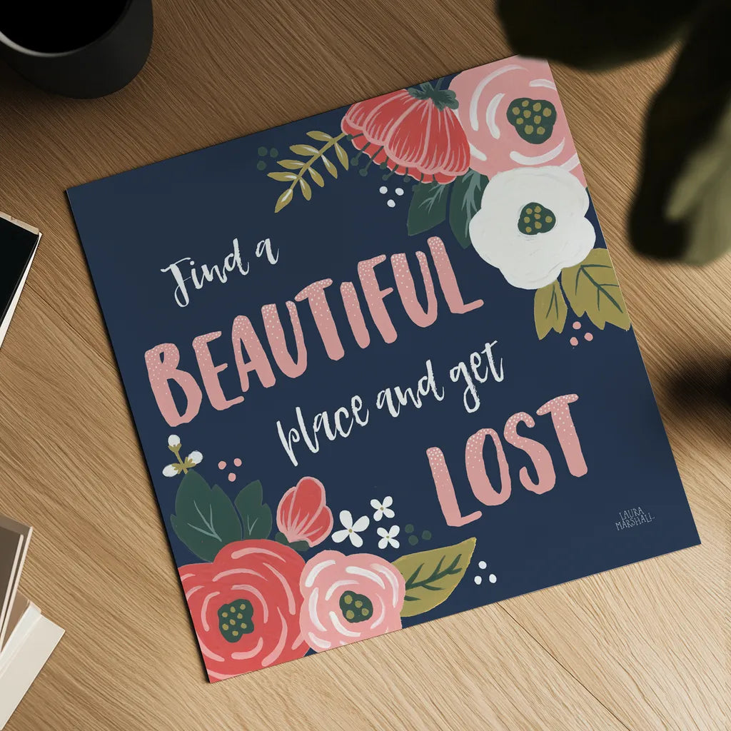 Wildflower Daydreams VIII Navy by Laura Marshall. Shown as a detailed flat fine art print, highlighting archival giclee quality. Available as an archival giclee rolled canvas, fine art paper, or poster print. SKU 36000a.