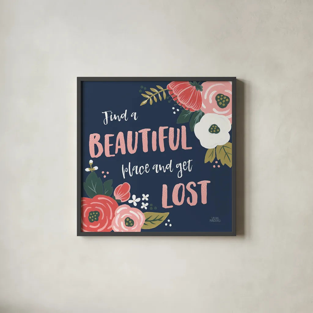 Wildflower Daydreams VIII Navy by Laura Marshall. Shown in a sleek black glass frame for a contemporary gallery look. Available as an archival giclee rolled canvas, fine art paper, or poster print. SKU 36000a.