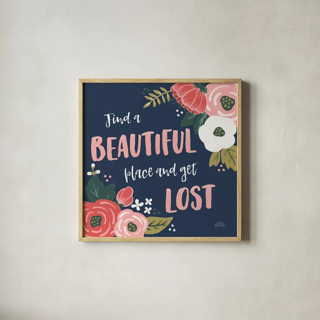 Wildflower Daydreams VIII Navy by Laura Marshall. Shown in a natural wood glass frame for a timeless modern aesthetic. Available as an archival giclee rolled canvas, fine art paper, or poster print. SKU 36000a.