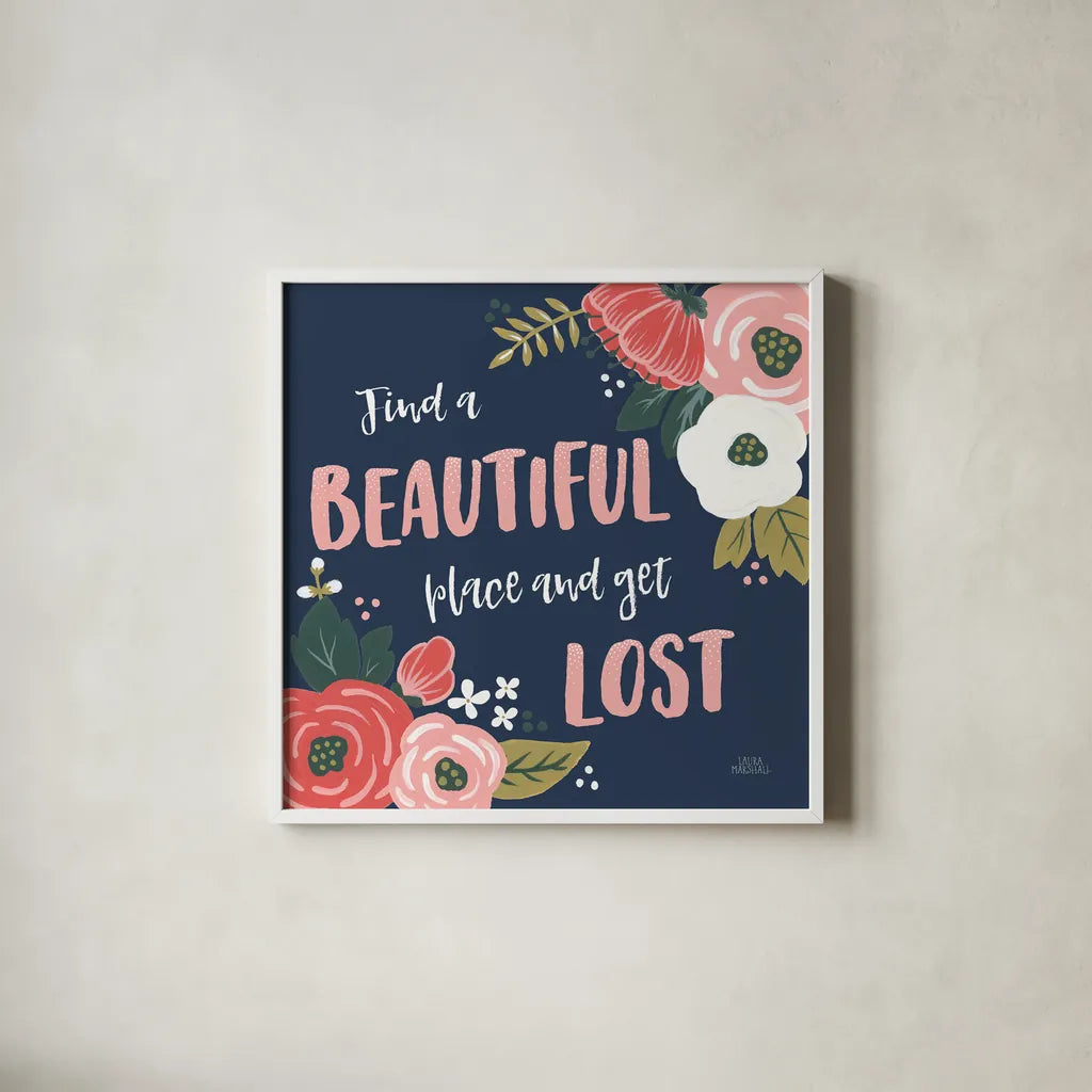 Wildflower Daydreams VIII Navy by Laura Marshall. Shown in a crisp white glass frame for a clean and minimalist style. Available as an archival giclee rolled canvas, fine art paper, or poster print. SKU 36000a.