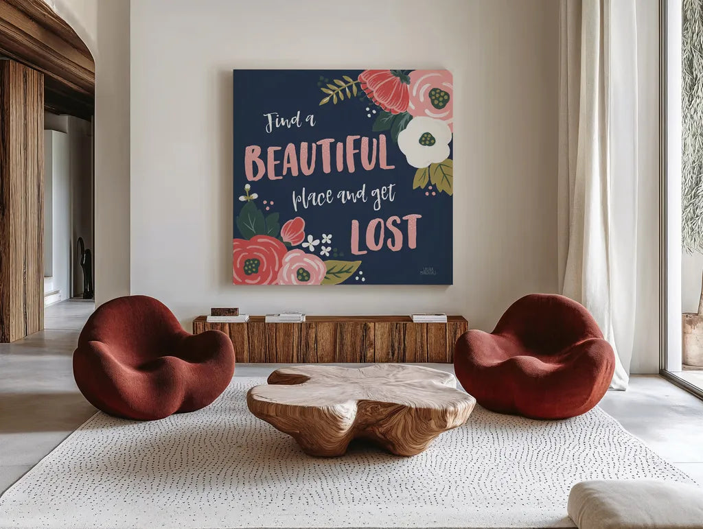 Wildflower Daydreams VIII Navy by Laura Marshall. Shown as extra-large giant wall art in a modern living room. Available as an archival giclee rolled canvas, fine art paper, or poster print. SKU 36000a.