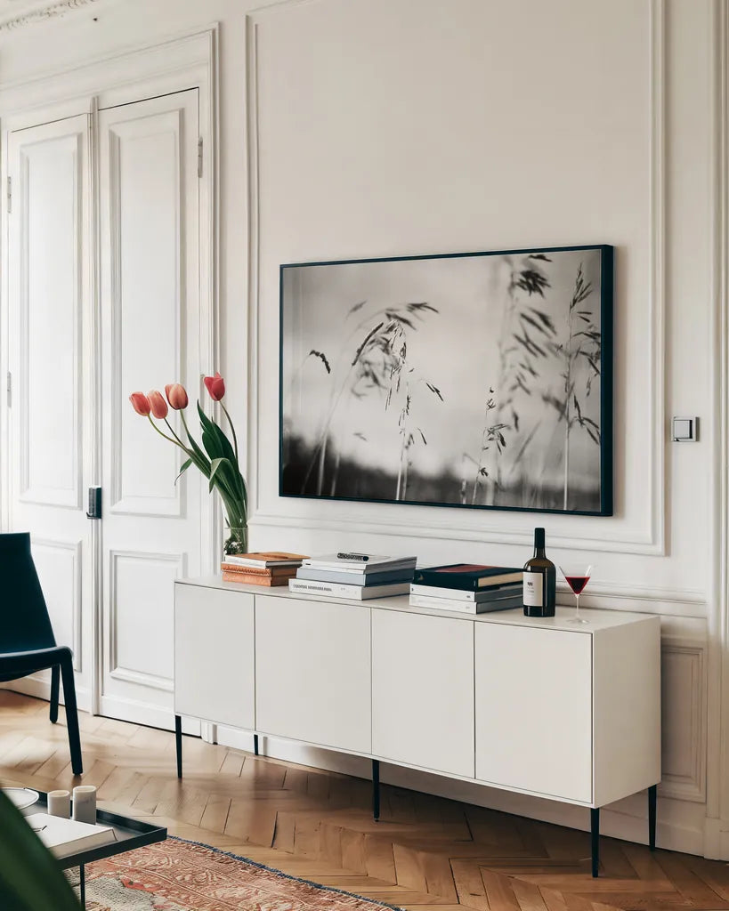 Windy Wheat Fields I by Laura Marshall. shown as a framed stretched canvas in a living room above a console. Available as a archival giclee rolled canvas, fine art paper, or poster print. SKU 18265i.