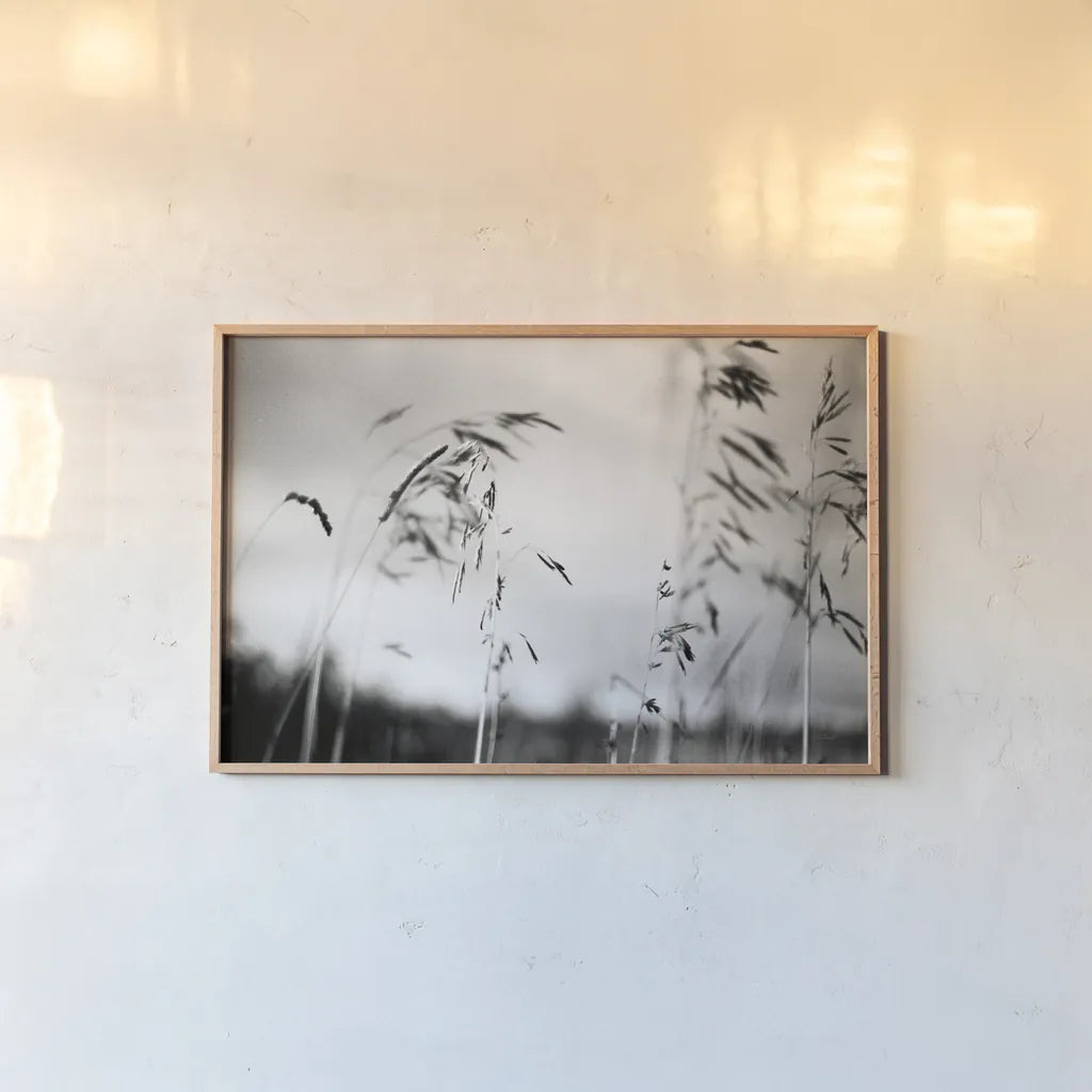Windy Wheat Fields I by Laura Marshall. shown as a paper print in a natural frame. Available as a archival giclee rolled canvas, fine art paper, or poster print. SKU 18265i.