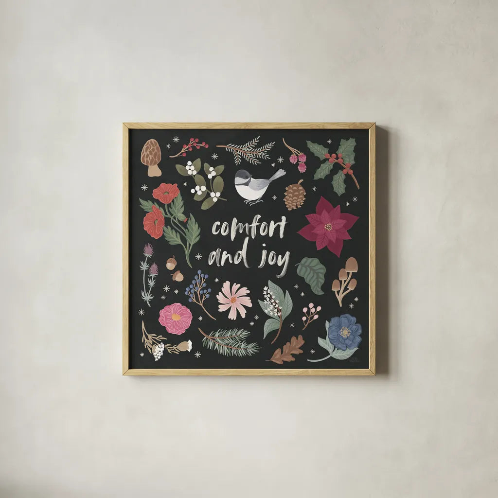 Winter Spirit II Dark by Laura Marshall. Shown in a natural wood glass frame for a timeless modern aesthetic. Available as an archival giclee rolled canvas, fine art paper, or poster print. SKU 70802a.