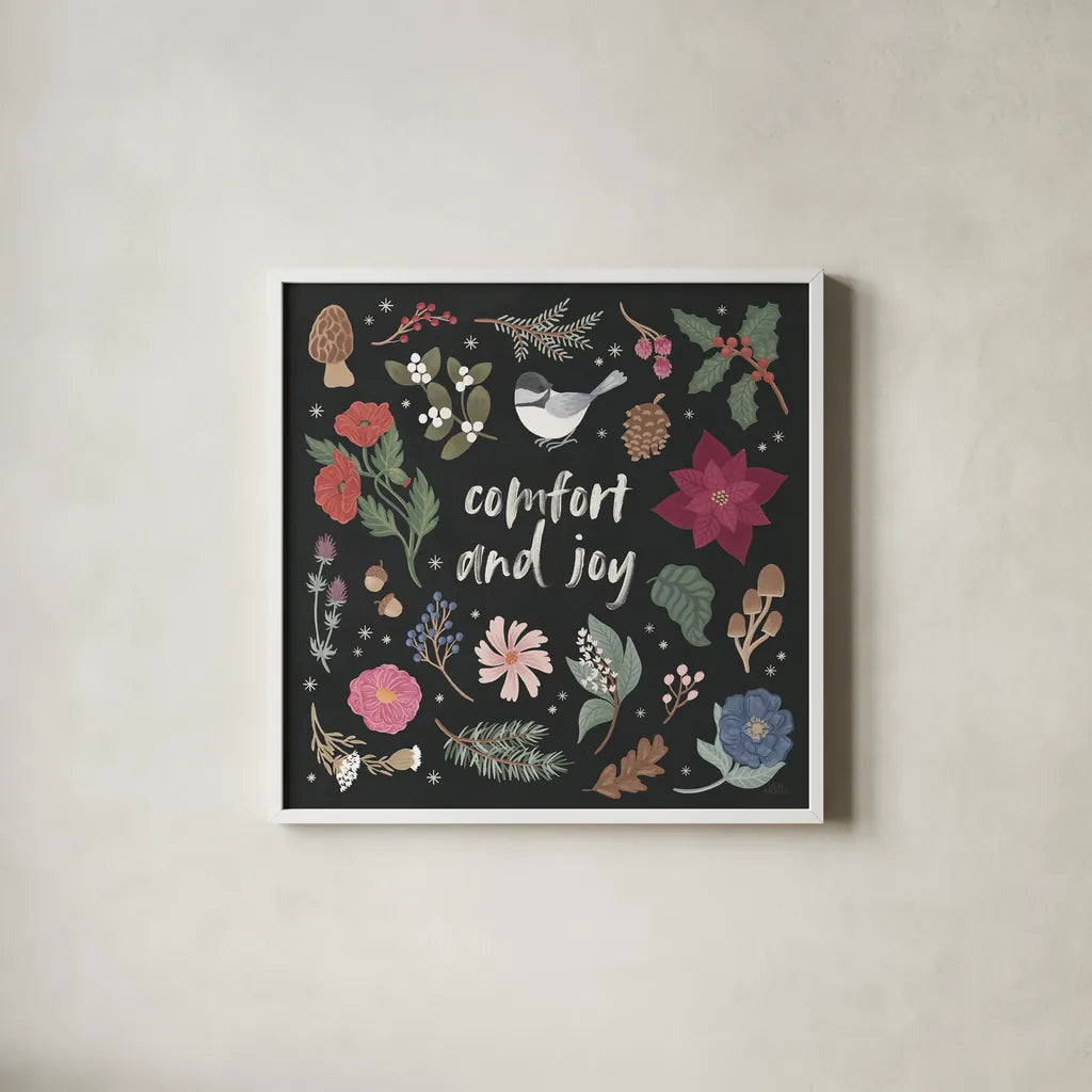 Winter Spirit II Dark by Laura Marshall. Shown in a crisp white glass frame for a clean and minimalist style. Available as an archival giclee rolled canvas, fine art paper, or poster print. SKU 70802a.