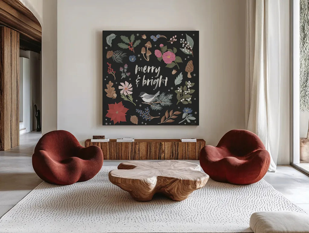 Winter Spirit III Dark by Laura Marshall. Shown as extra-large giant wall art in a modern living room. Available as an archival giclee rolled canvas, fine art paper, or poster print. SKU 70803a.