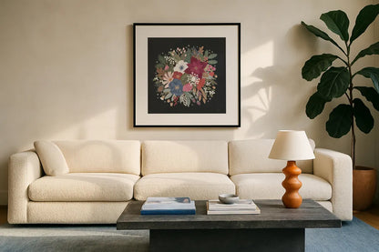 Winter Spirit IX by Laura Marshall. Displayed in a glass frame with matte in a clean modern living room. Available as an archival giclee rolled canvas, fine art paper, or poster print. SKU 70799a.