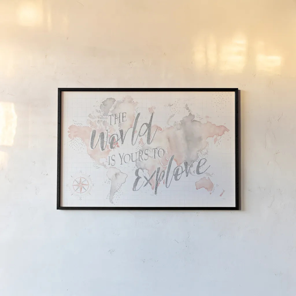 Wonderful World I by Laura Marshall. shown as a paper print in a black flame. Available as a archival giclee rolled canvas, fine art paper, or poster print. SKU 37730i.