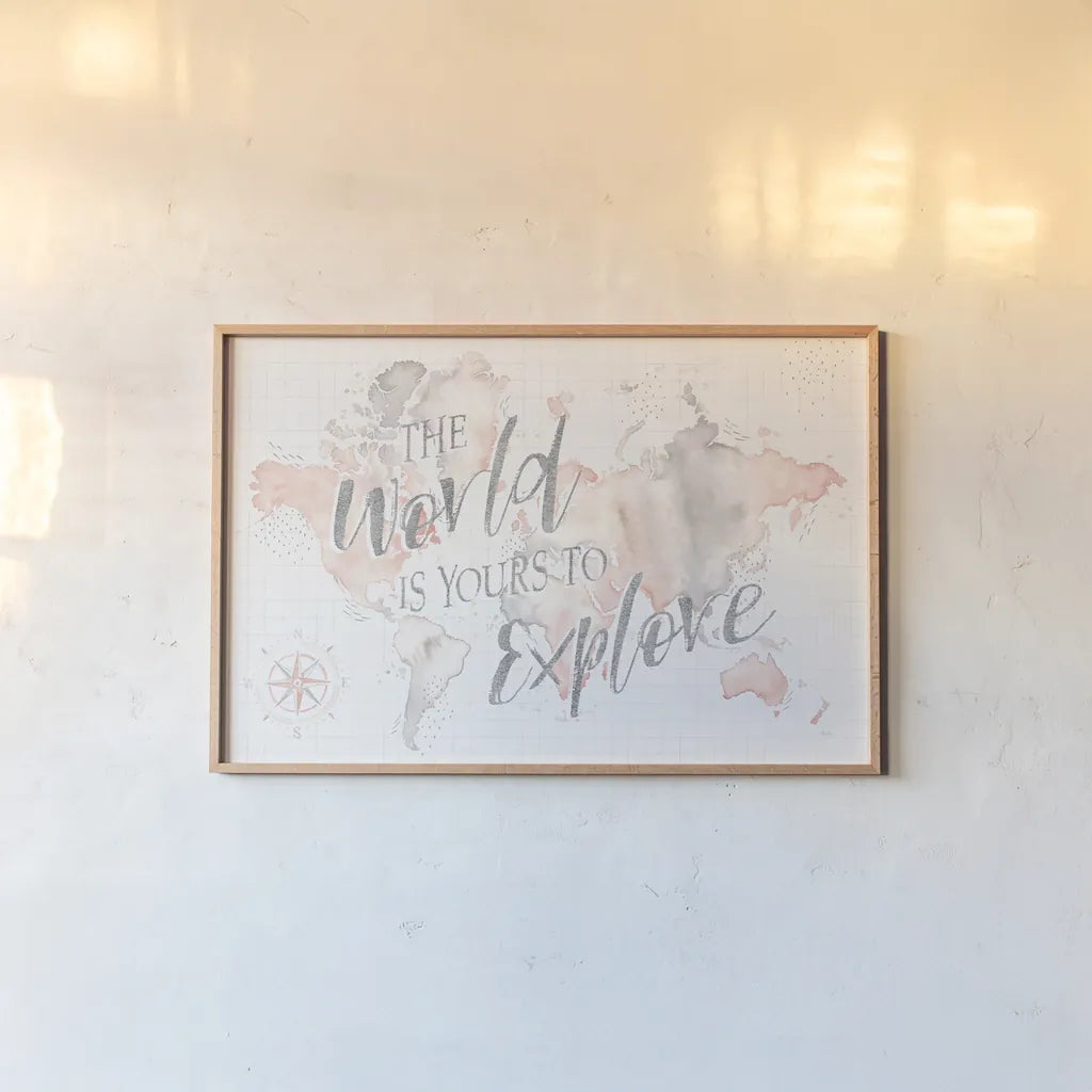 Wonderful World I by Laura Marshall. shown as a paper print in a natural frame. Available as a archival giclee rolled canvas, fine art paper, or poster print. SKU 37730i.