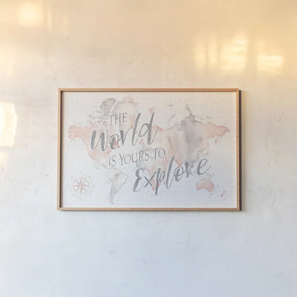 Wonderful World I by Laura Marshall. shown as a paper print in a natural frame. Available as a archival giclee rolled canvas, fine art paper, or poster print. SKU 37730i.