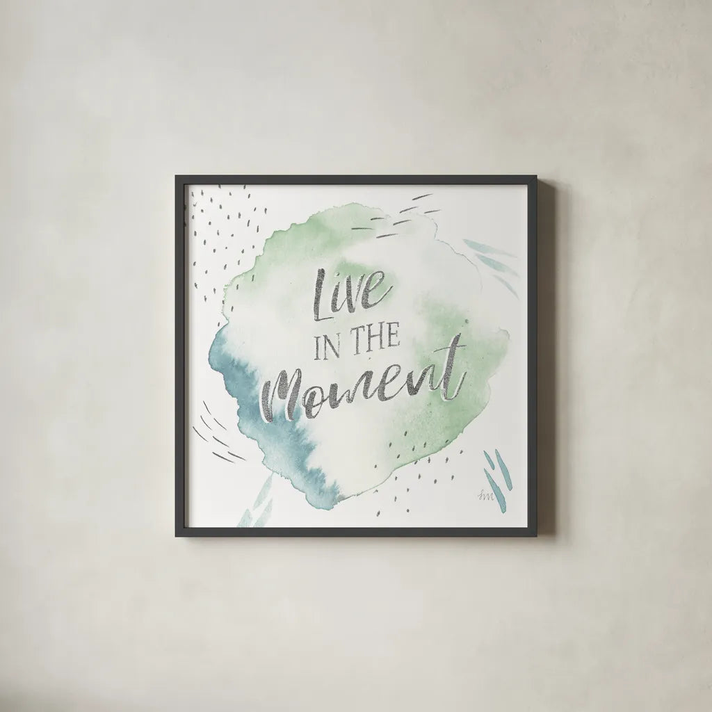 Wonderful World V Blue Green by Laura Marshall. Shown in a sleek black glass frame for a contemporary gallery look. Available as an archival giclee rolled canvas, fine art paper, or poster print. SKU 42886a.