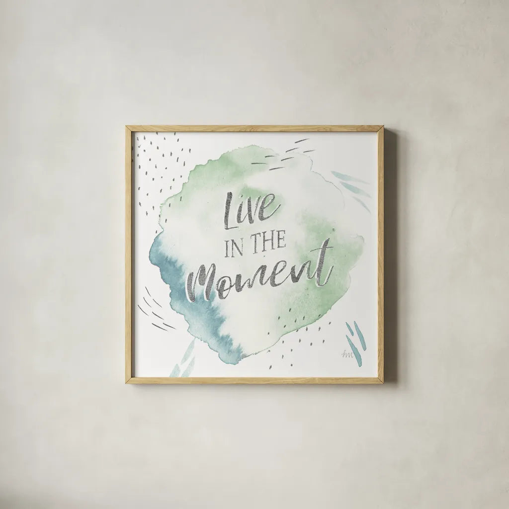 Wonderful World V Blue Green by Laura Marshall. Shown in a natural wood glass frame for a timeless modern aesthetic. Available as an archival giclee rolled canvas, fine art paper, or poster print. SKU 42886a.