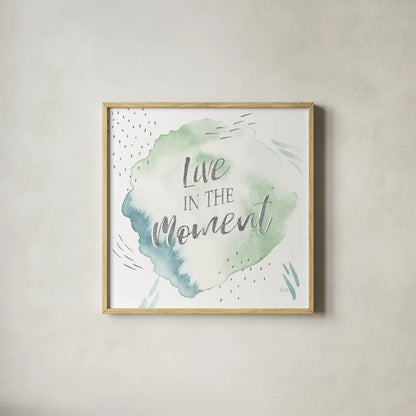 Wonderful World V Blue Green by Laura Marshall. Shown in a natural wood glass frame for a timeless modern aesthetic. Available as an archival giclee rolled canvas, fine art paper, or poster print. SKU 42886a.