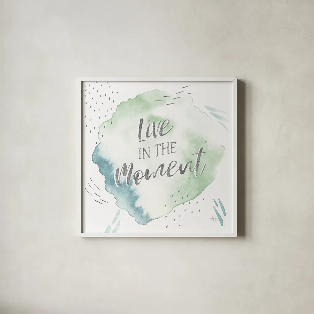 Wonderful World V Blue Green by Laura Marshall. Shown in a crisp white glass frame for a clean and minimalist style. Available as an archival giclee rolled canvas, fine art paper, or poster print. SKU 42886a.