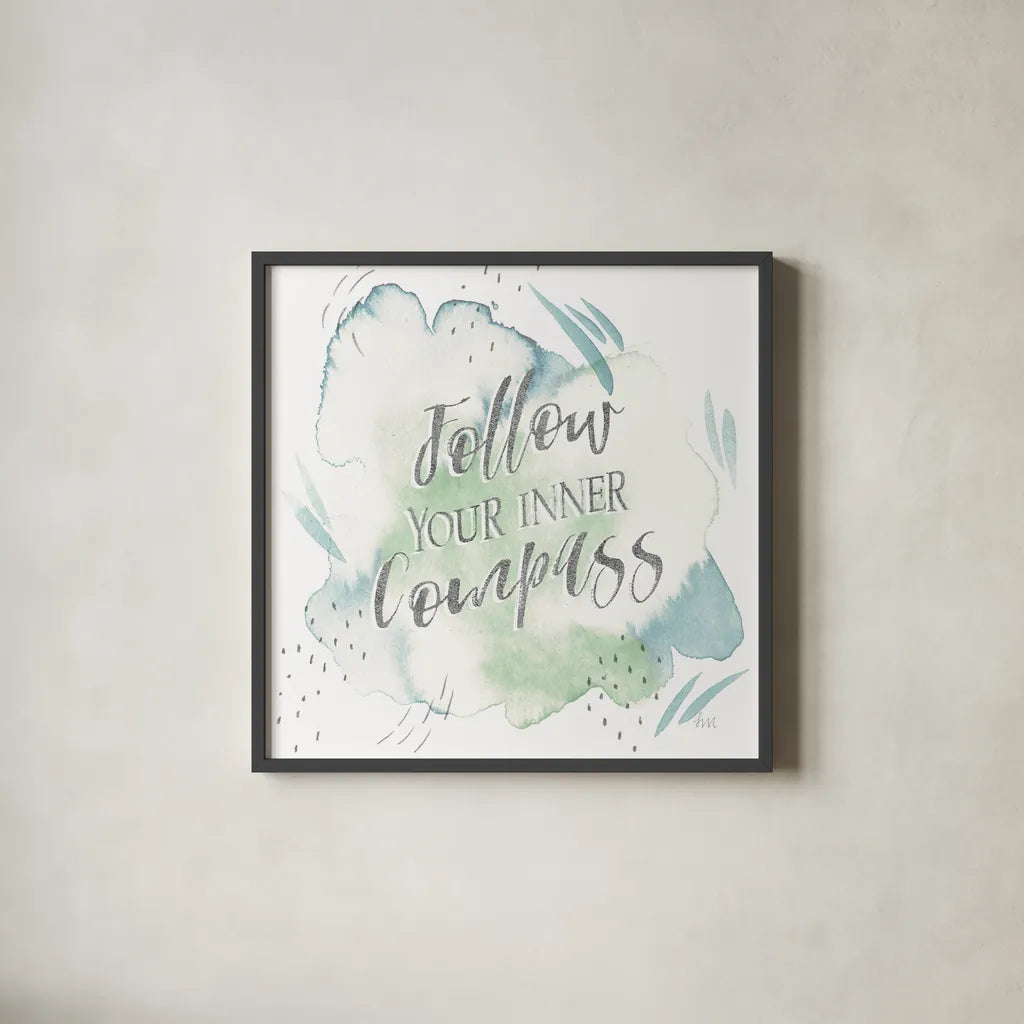 Wonderful World VI Blue Green by Laura Marshall. Shown in a sleek black glass frame for a contemporary gallery look. Available as an archival giclee rolled canvas, fine art paper, or poster print. SKU 42887a.