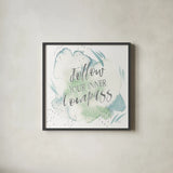 Wonderful World VI Blue Green by Laura Marshall. Shown in a sleek black glass frame for a contemporary gallery look. Available as an archival giclee rolled canvas, fine art paper, or poster print. SKU 42887a.