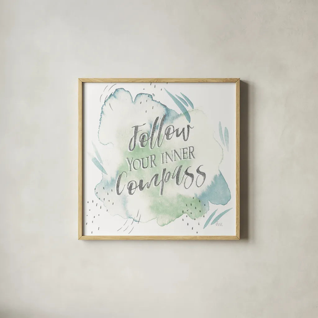 Wonderful World VI Blue Green by Laura Marshall. Shown in a natural wood glass frame for a timeless modern aesthetic. Available as an archival giclee rolled canvas, fine art paper, or poster print. SKU 42887a.