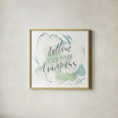 Wonderful World VI Blue Green by Laura Marshall. Shown in a natural wood glass frame for a timeless modern aesthetic. Available as an archival giclee rolled canvas, fine art paper, or poster print. SKU 42887a.