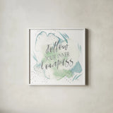 Wonderful World VI Blue Green by Laura Marshall. Shown in a crisp white glass frame for a clean and minimalist style. Available as an archival giclee rolled canvas, fine art paper, or poster print. SKU 42887a.