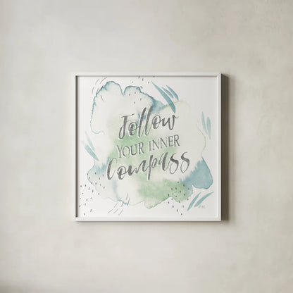 Wonderful World VI Blue Green by Laura Marshall. Shown in a crisp white glass frame for a clean and minimalist style. Available as an archival giclee rolled canvas, fine art paper, or poster print. SKU 42887a.