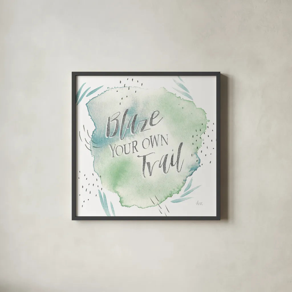 Wonderful World VII Blue Green by Laura Marshall. Shown in a sleek black glass frame for a contemporary gallery look. Available as an archival giclee rolled canvas, fine art paper, or poster print. SKU 42888a.