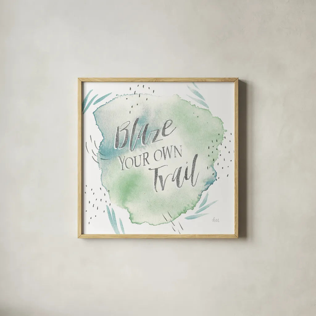 Wonderful World VII Blue Green by Laura Marshall. Shown in a natural wood glass frame for a timeless modern aesthetic. Available as an archival giclee rolled canvas, fine art paper, or poster print. SKU 42888a.