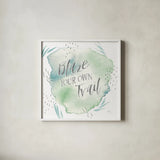 Wonderful World VII Blue Green by Laura Marshall. Shown in a crisp white glass frame for a clean and minimalist style. Available as an archival giclee rolled canvas, fine art paper, or poster print. SKU 42888a.