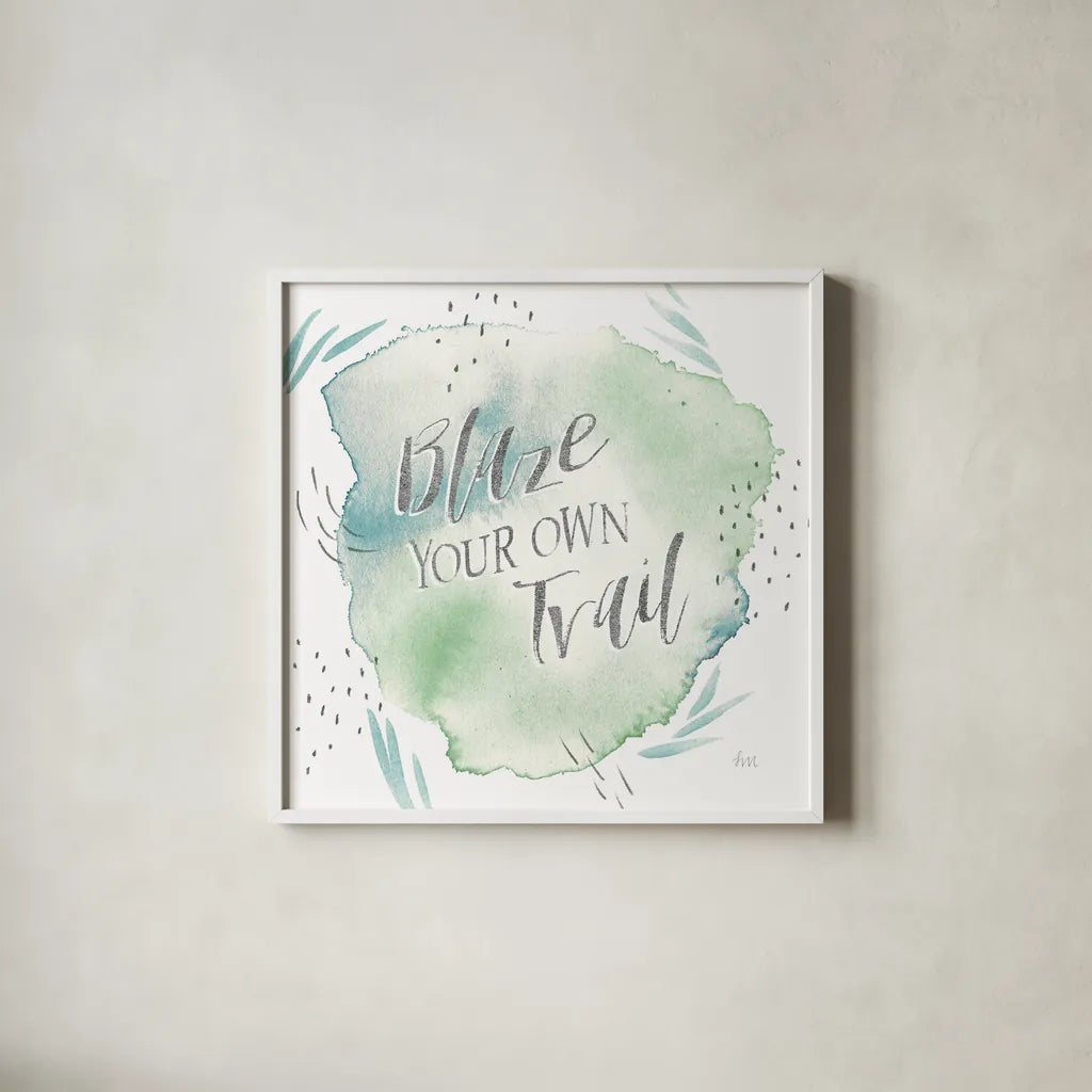 Wonderful World VII Blue Green by Laura Marshall. Shown in a crisp white glass frame for a clean and minimalist style. Available as an archival giclee rolled canvas, fine art paper, or poster print. SKU 42888a.