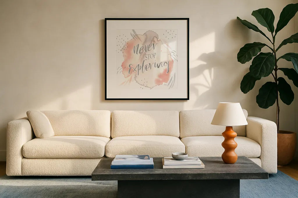 Wonderful World VIII by Laura Marshall. Displayed in a glass frame with matte in a clean modern living room. Available as an archival giclee rolled canvas, fine art paper, or poster print. SKU 37737a.