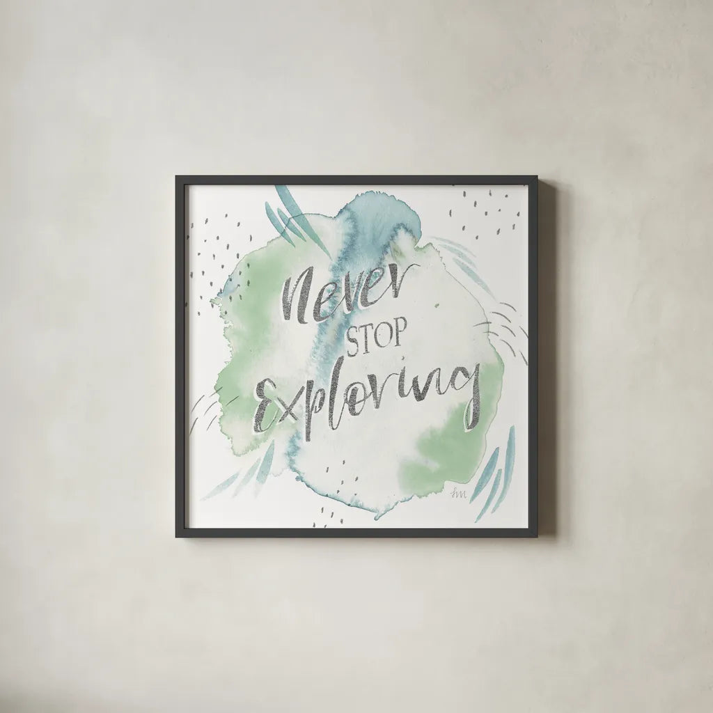 Wonderful World VIII Blue Green by Laura Marshall. Shown in a sleek black glass frame for a contemporary gallery look. Available as an archival giclee rolled canvas, fine art paper, or poster print. SKU 42889a.