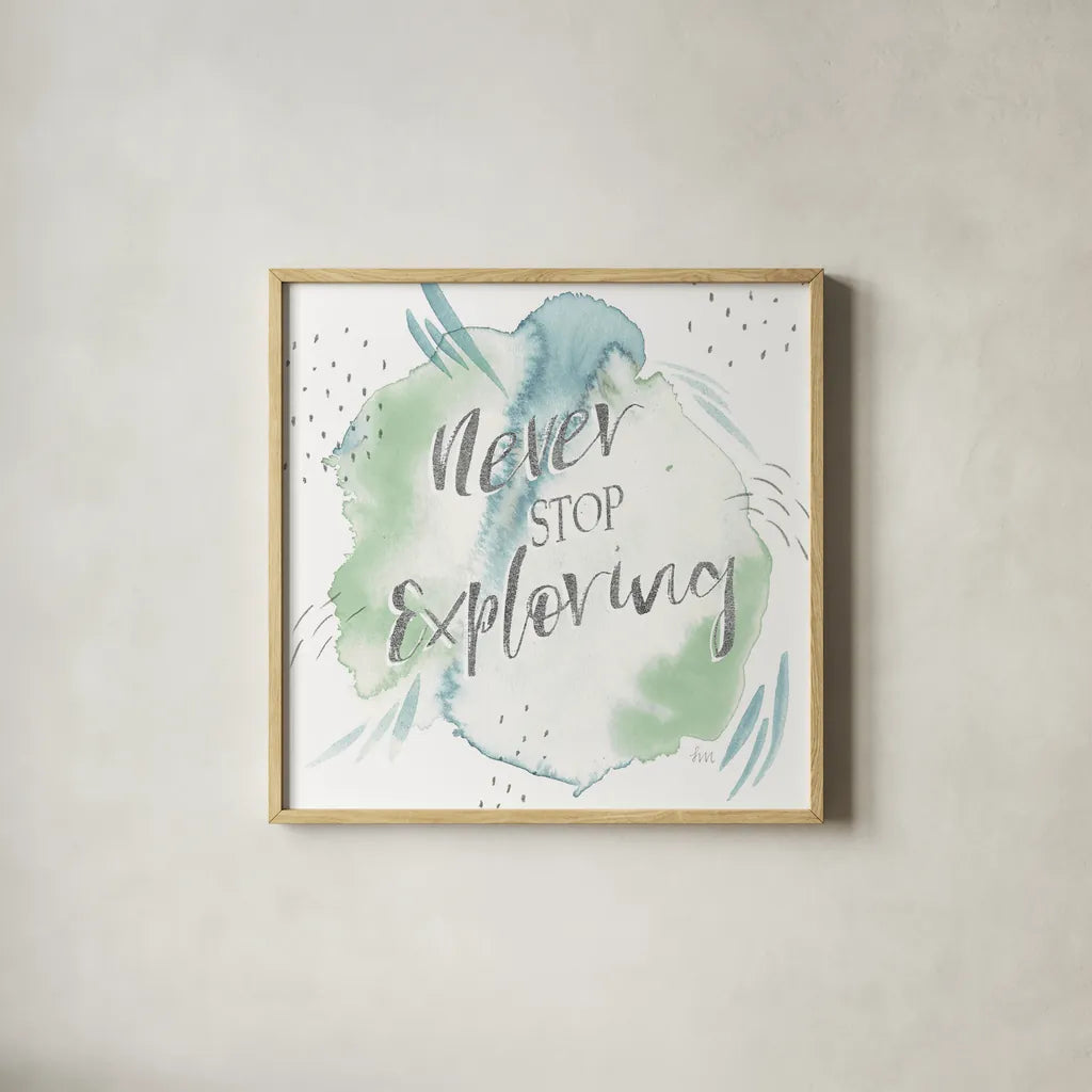 Wonderful World VIII Blue Green by Laura Marshall. Shown in a natural wood glass frame for a timeless modern aesthetic. Available as an archival giclee rolled canvas, fine art paper, or poster print. SKU 42889a.