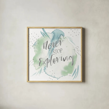 Wonderful World VIII Blue Green by Laura Marshall. Shown in a natural wood glass frame for a timeless modern aesthetic. Available as an archival giclee rolled canvas, fine art paper, or poster print. SKU 42889a.