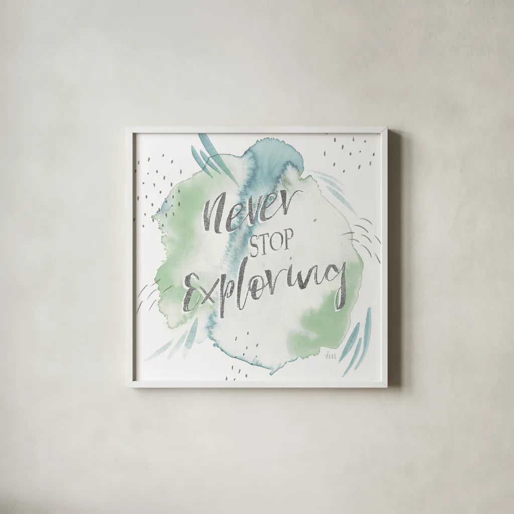 Wonderful World VIII Blue Green by Laura Marshall. Shown in a crisp white glass frame for a clean and minimalist style. Available as an archival giclee rolled canvas, fine art paper, or poster print. SKU 42889a.