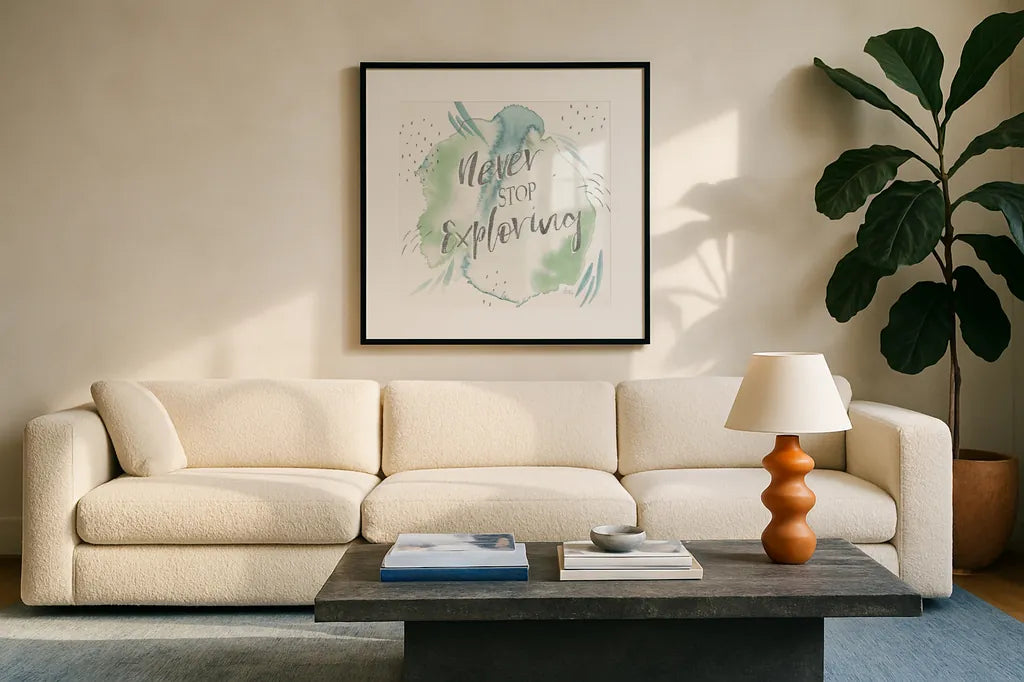 Wonderful World VIII Blue Green by Laura Marshall. Displayed in a glass frame with matte in a clean modern living room. Available as an archival giclee rolled canvas, fine art paper, or poster print. SKU 42889a.