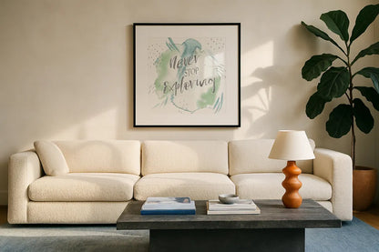 Wonderful World VIII Blue Green by Laura Marshall. Displayed in a glass frame with matte in a clean modern living room. Available as an archival giclee rolled canvas, fine art paper, or poster print. SKU 42889a.