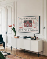 Woodcut Wonderland I by Laura Marshall. shown as a framed stretched canvas in a living room above a console. Available as a archival giclee rolled canvas, fine art paper, or poster print. SKU 66814i.
