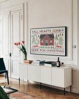 Woodcut Wonderland I Red by Laura Marshall. shown as a framed stretched canvas in a living room above a console. Available as a archival giclee rolled canvas, fine art paper, or poster print. SKU 67527i.