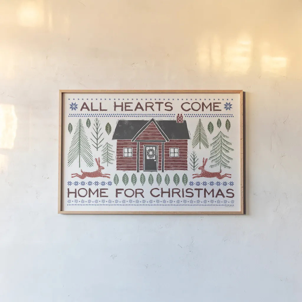 Woodcut Wonderland I Red by Laura Marshall. shown as a paper print in a natural frame. Available as a archival giclee rolled canvas, fine art paper, or poster print. SKU 67527i.