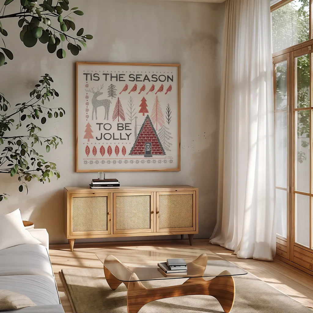 Woodcut Wonderland II by Laura Marshall. Shown in a natural wood frame in a cozy modern living room. Available as an archival giclee rolled canvas, fine art paper, or poster print. SKU 66815a.