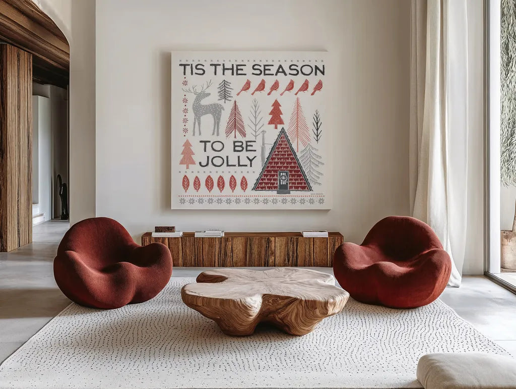 Woodcut Wonderland II by Laura Marshall. Shown as extra-large giant wall art in a modern living room. Available as an archival giclee rolled canvas, fine art paper, or poster print. SKU 66815a.