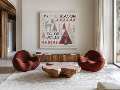 Woodcut Wonderland II by Laura Marshall. Shown as extra-large giant wall art in a modern living room. Available as an archival giclee rolled canvas, fine art paper, or poster print. SKU 66815a.