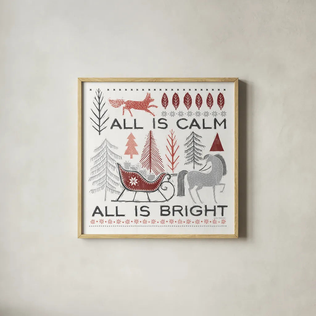 Woodcut Wonderland III by Laura Marshall. Shown in a natural wood glass frame for a timeless modern aesthetic. Available as an archival giclee rolled canvas, fine art paper, or poster print. SKU 66816a.