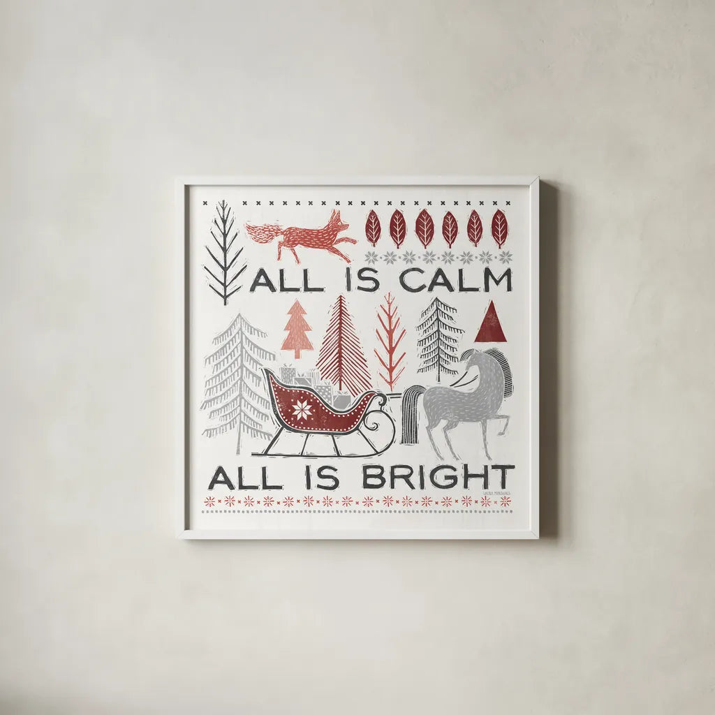 Woodcut Wonderland III by Laura Marshall. Shown in a crisp white glass frame for a clean and minimalist style. Available as an archival giclee rolled canvas, fine art paper, or poster print. SKU 66816a.