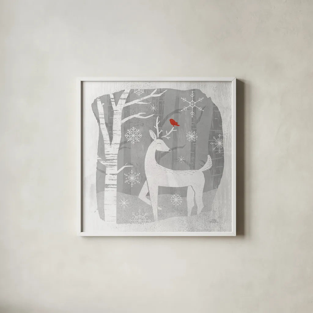 Woodland Creature I by Laura Marshall. Shown in a crisp white glass frame for a clean and minimalist style. Available as an archival giclee rolled canvas, fine art paper, or poster print. SKU 57217a.