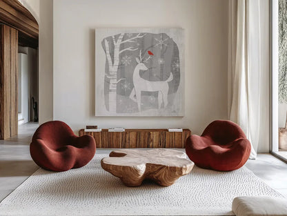 Woodland Creature I by Laura Marshall. Shown as extra-large giant wall art in a modern living room. Available as an archival giclee rolled canvas, fine art paper, or poster print. SKU 57217a.