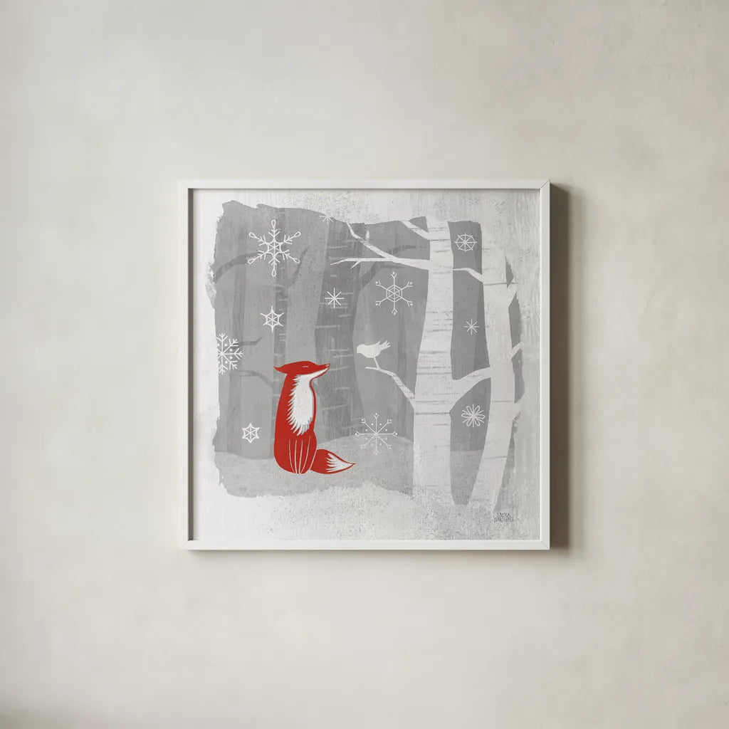 Woodland Creature II by Laura Marshall. Shown in a crisp white glass frame for a clean and minimalist style. Available as an archival giclee rolled canvas, fine art paper, or poster print. SKU 57218a.