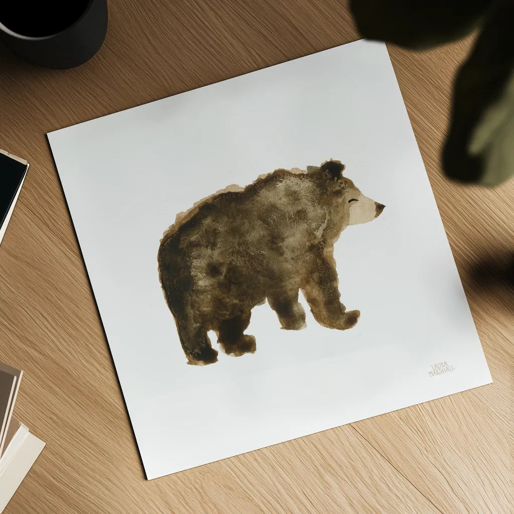 Woodland Whimsy Bear by Laura Marshall. Shown as a detailed flat fine art print, highlighting archival giclee quality. Available as an archival giclee rolled canvas, fine art paper, or poster print. SKU 58880a.
