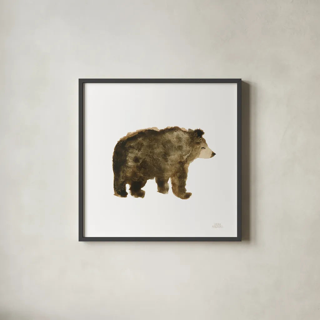 Woodland Whimsy Bear by Laura Marshall. Shown in a sleek black glass frame for a contemporary gallery look. Available as an archival giclee rolled canvas, fine art paper, or poster print. SKU 58880a.