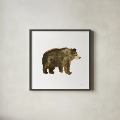 Woodland Whimsy Bear by Laura Marshall. Shown in a sleek black glass frame for a contemporary gallery look. Available as an archival giclee rolled canvas, fine art paper, or poster print. SKU 58880a.