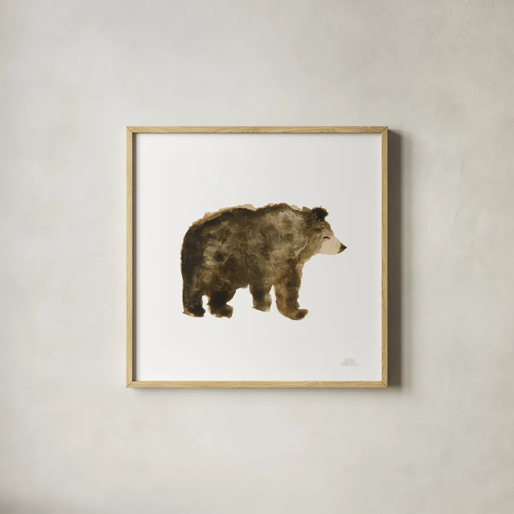 Woodland Whimsy Bear by Laura Marshall. Shown in a natural wood glass frame for a timeless modern aesthetic. Available as an archival giclee rolled canvas, fine art paper, or poster print. SKU 58880a.
